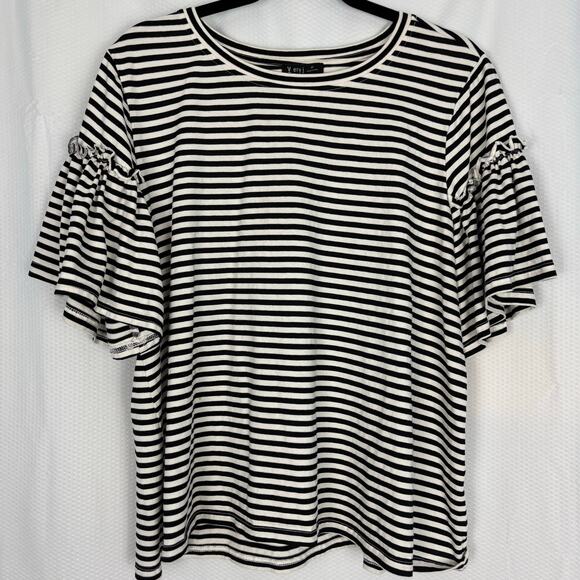 Very J striped black and white half ruffle sleeve coastal flounce feminine - Picture 1 of 5